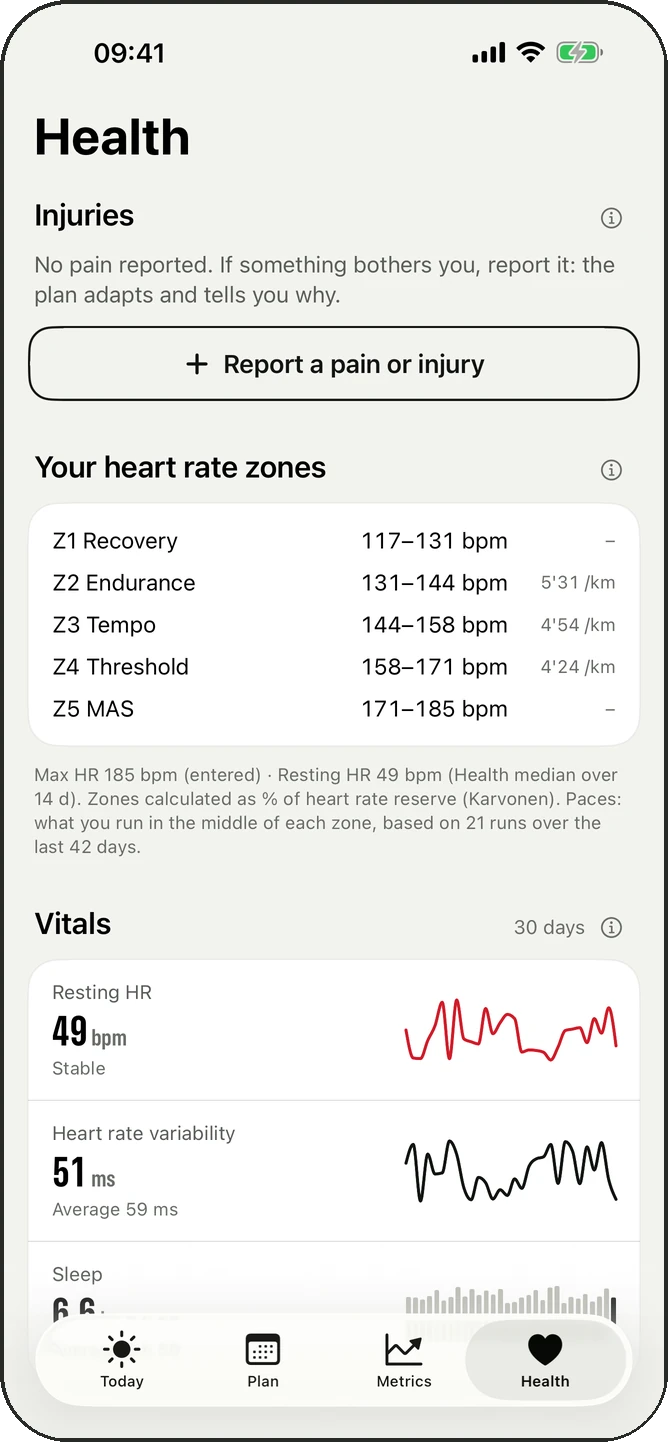 Health: injuries, heart-rate zones and vitals