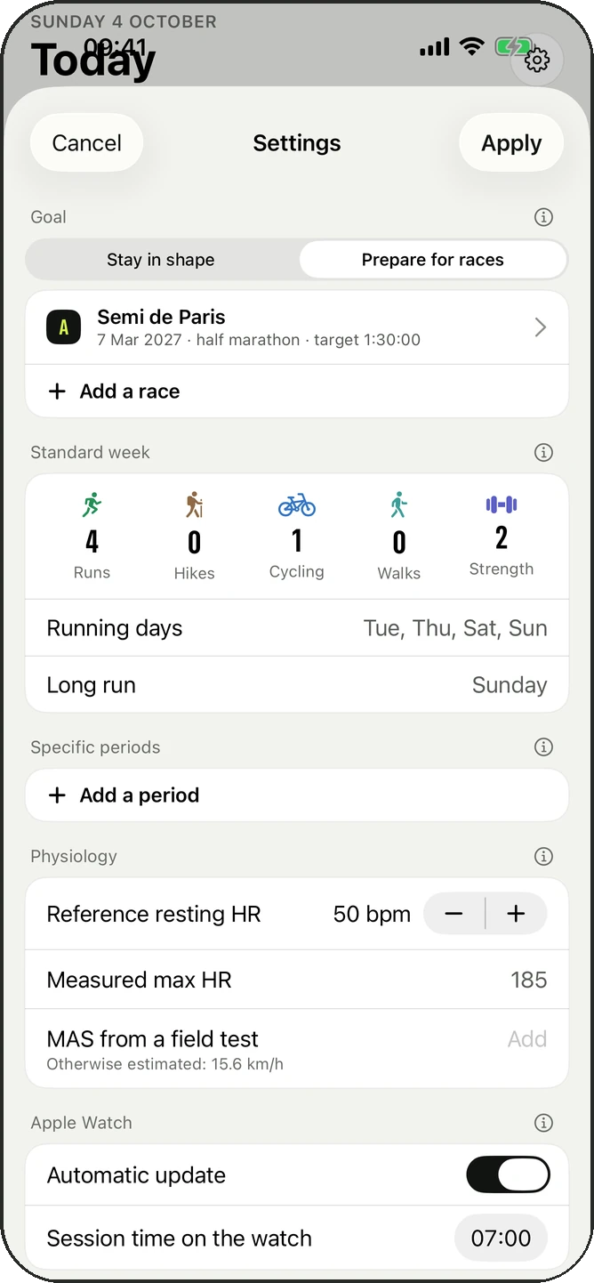 Settings: standard week, days, language