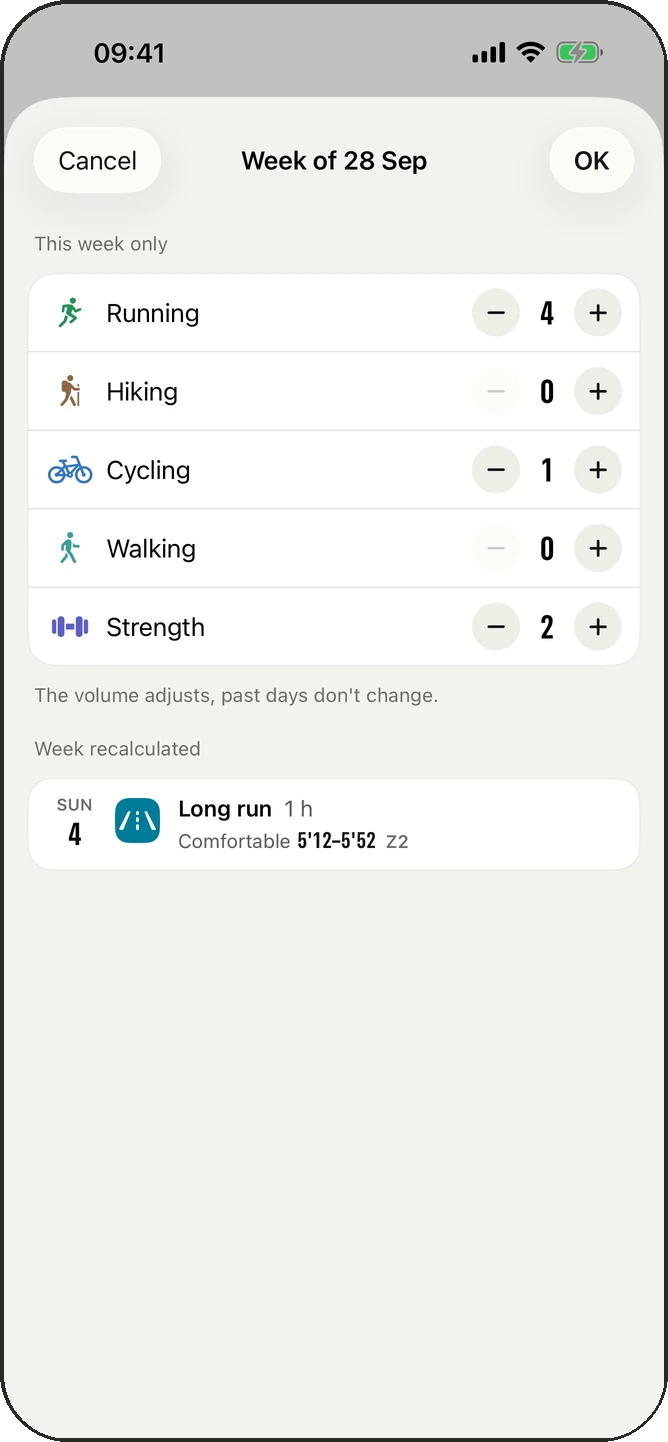 Edit the week: number of sessions per activity