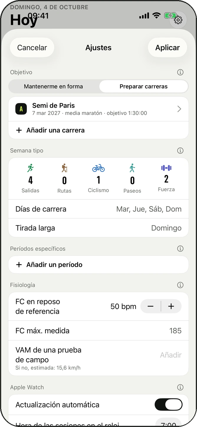 Ajustes: semana tipo, días, idioma
