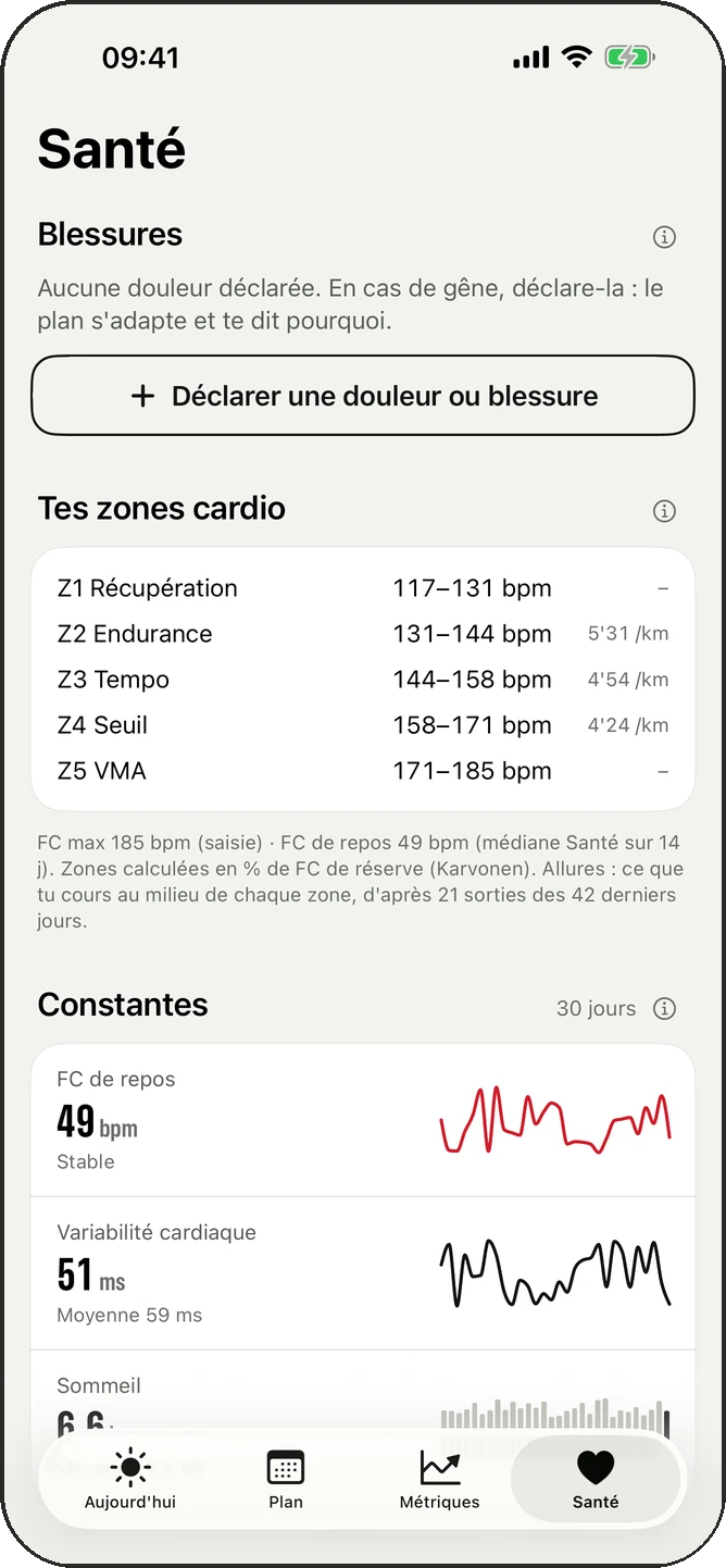 Santé : blessures, zones cardio et constantes