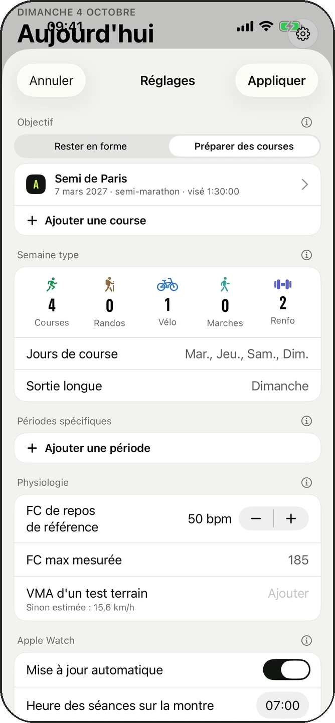 Réglages : semaine type, jours, langue