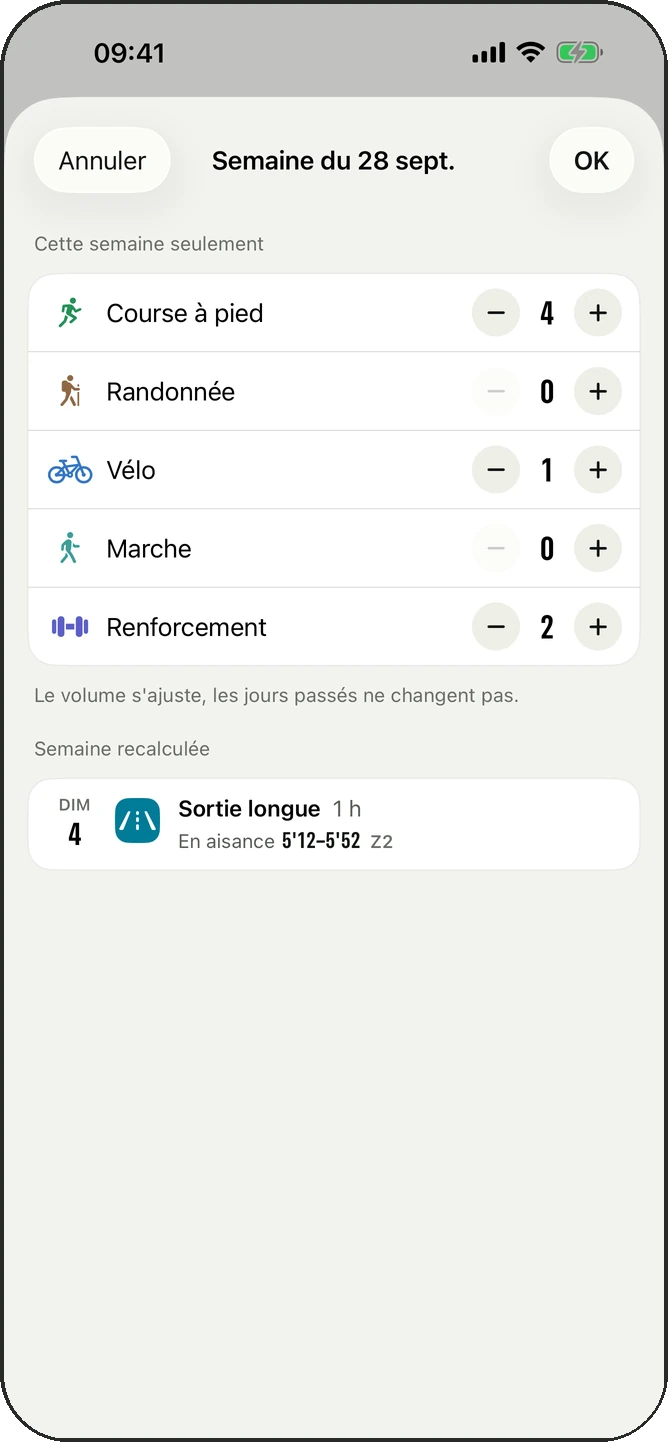 Modifier la semaine : nombre de séances par activité
